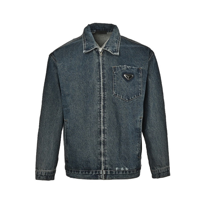 Prada Vintage-Wash Denim Zip Jacket — Charcoal Black