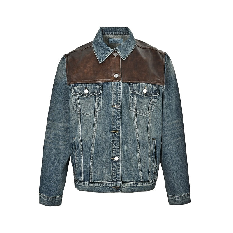 Prada Distressed Denim Trucker Jacket with Leather Yoke — Vintage Wash