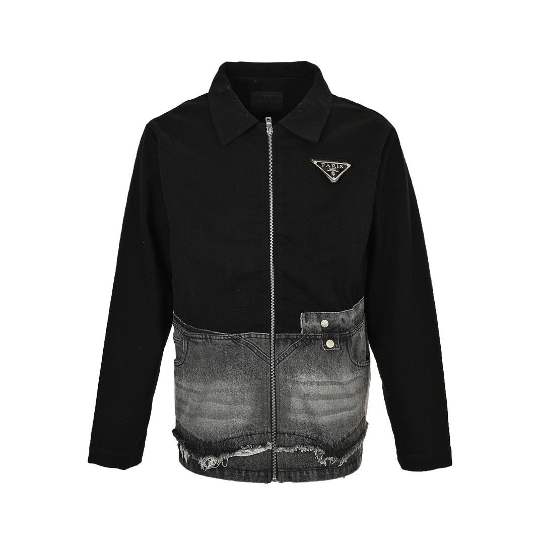 Prada Denim-Panel Zip Jacket — Black / Washed Grey
