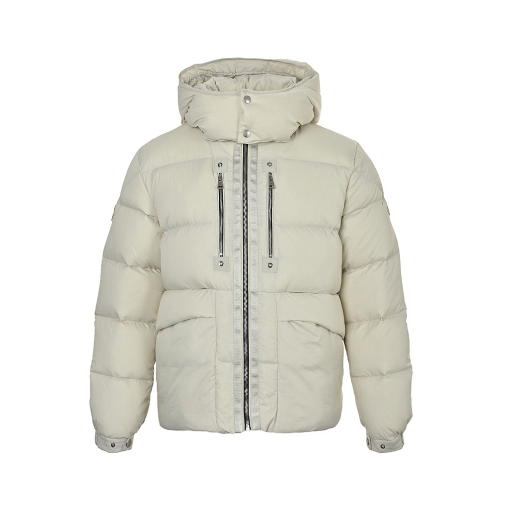 Moncler Hooded Down Jacket — Matte Cream, Zip Chest Pockets