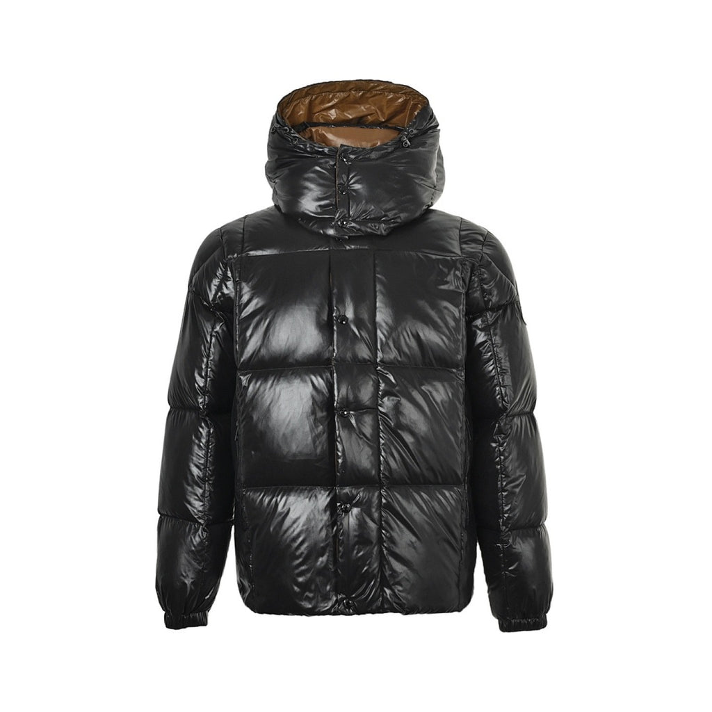 Moncler Glossy Oversized Hooded Down Jacket — Snap Front, Contrast Hood Lining