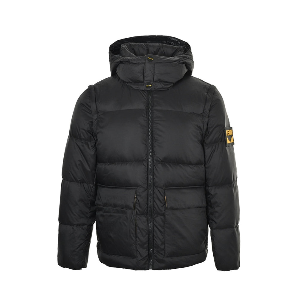 Fendi Hooded Down Jacket — Black, Yellow Logo Badge