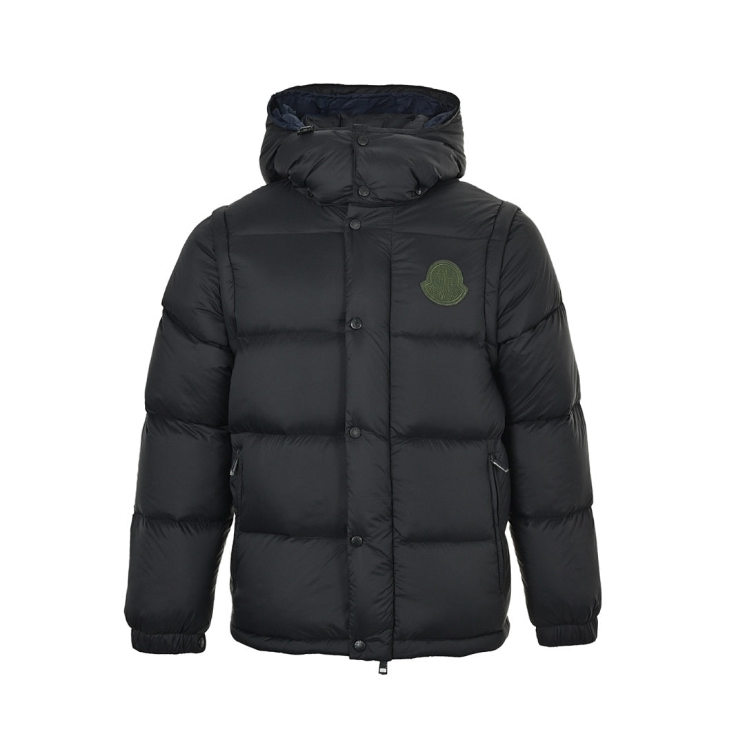 Moncler Matte Hooded Down Jacket — Oversized Logo Badge Snap Front