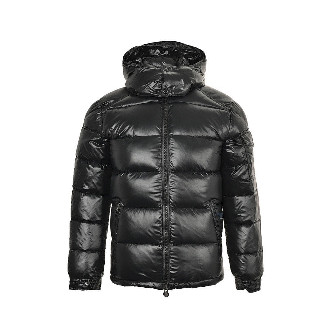 Moncler Glossy Hooded Down Jacket — Single Zip Front