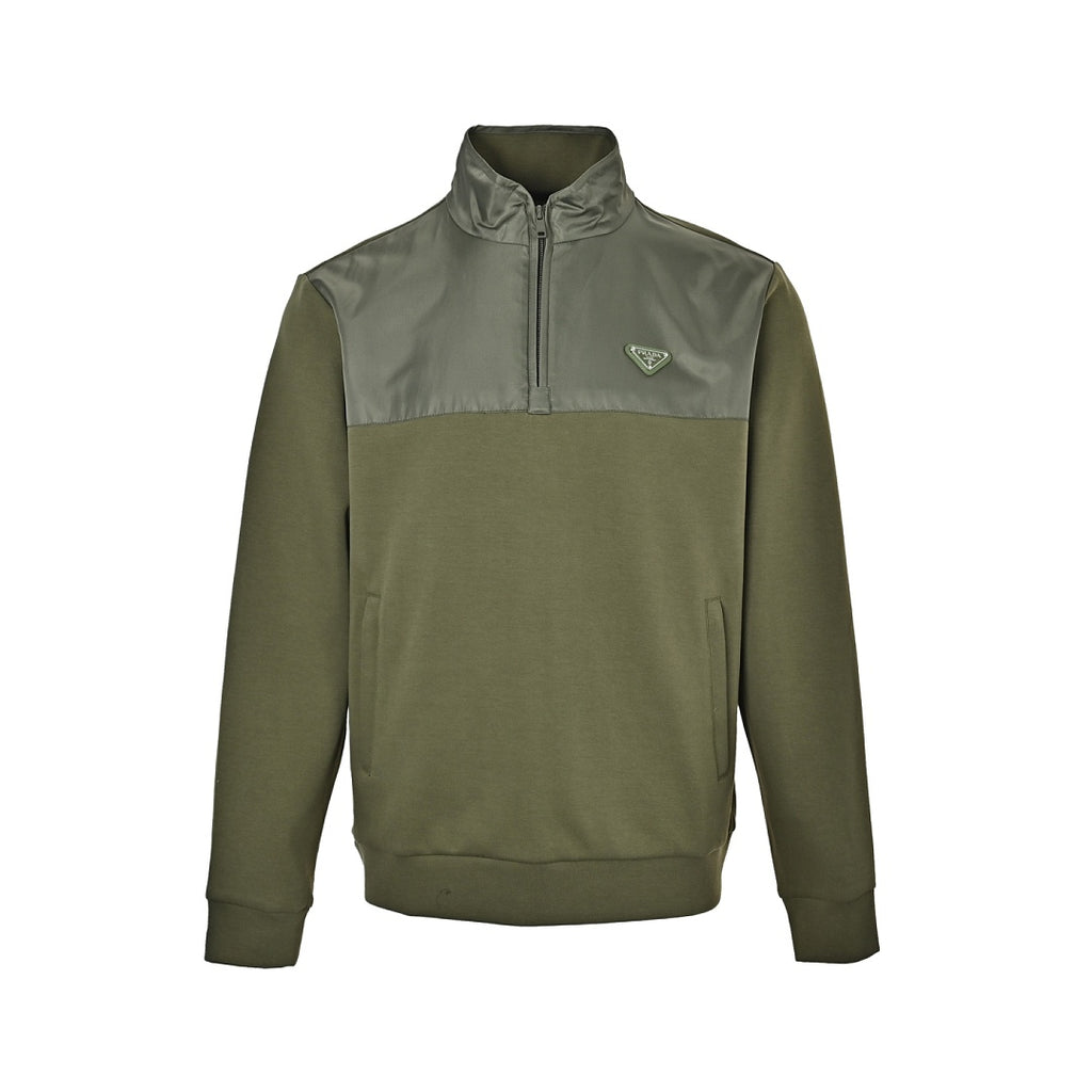 Prada Contrast-Yoke Quarter-Zip Pullover — Olive