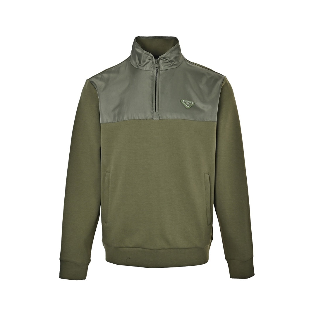 Prada Contrast-Yoke Quarter-Zip Pullover — Olive