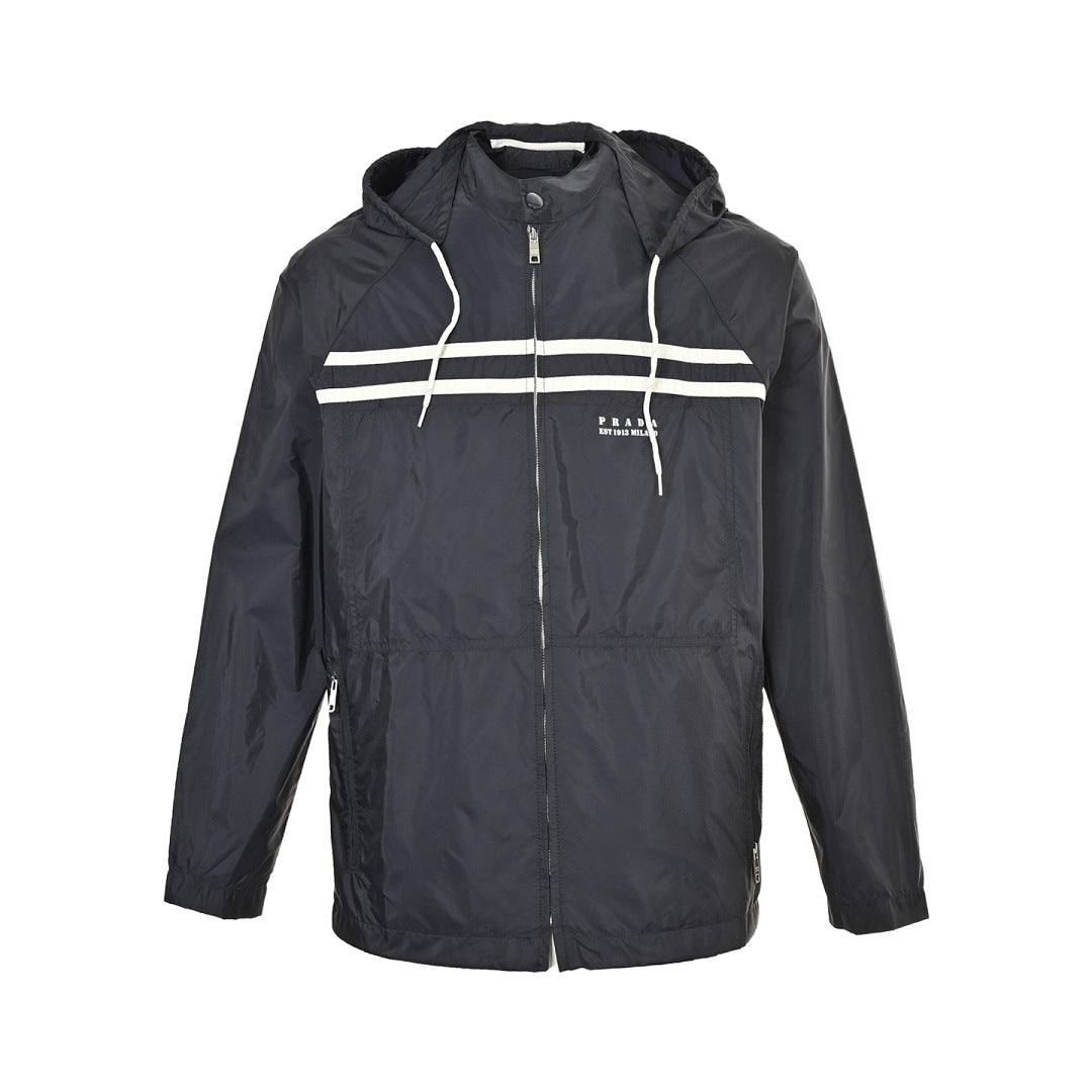 Prada Double-Stripe Hooded Zip Jacket — Black