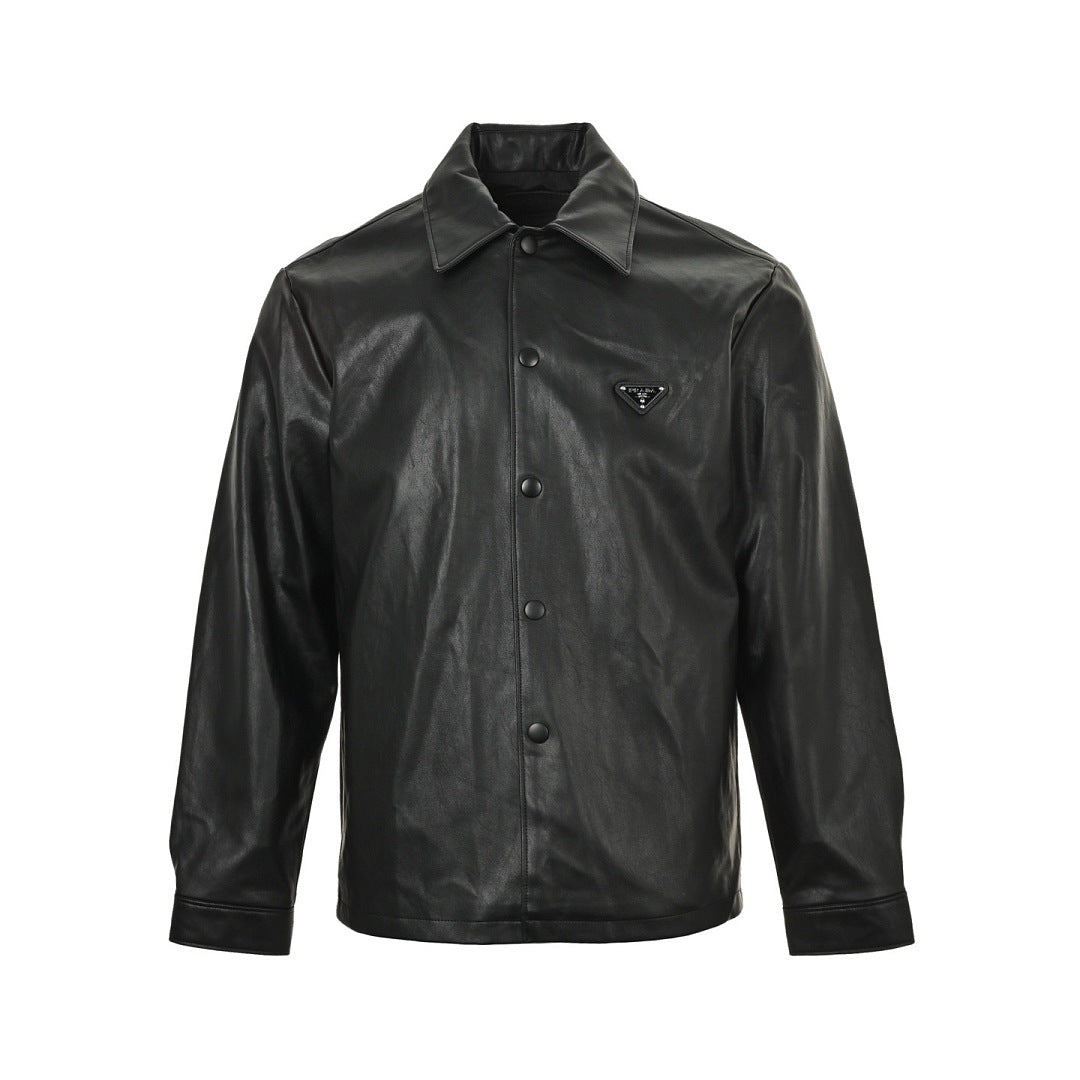 Prada Glossy Snap-Front Shirt Jacket — Black