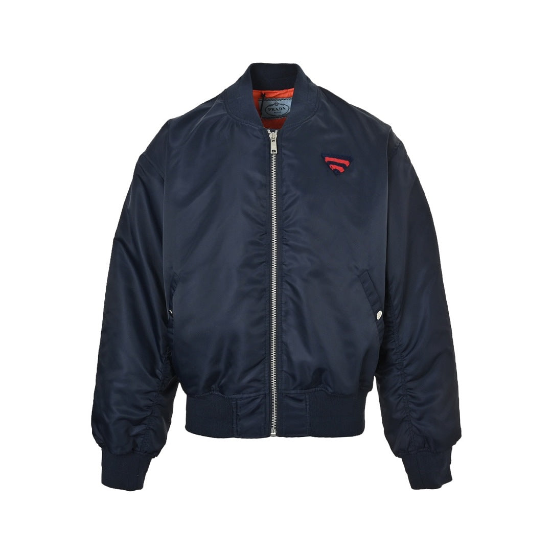 Prada Logo Bomber Jacket with Contrast Lining — Navy