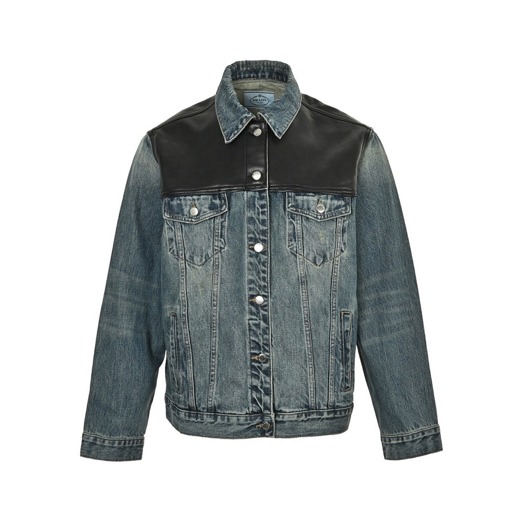 Prada Leather-Yoke Denim Trucker Jacket — Vintage Blue