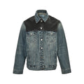 Prada Leather-Yoke Denim Trucker Jacket — Vintage Blue