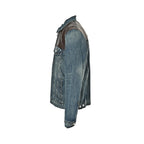 Prada Distressed Denim Trucker Jacket with Leather Yoke — Vintage Wash