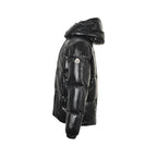Moncler Glossy Oversized Hooded Down Jacket — Snap Front, Contrast Hood Lining