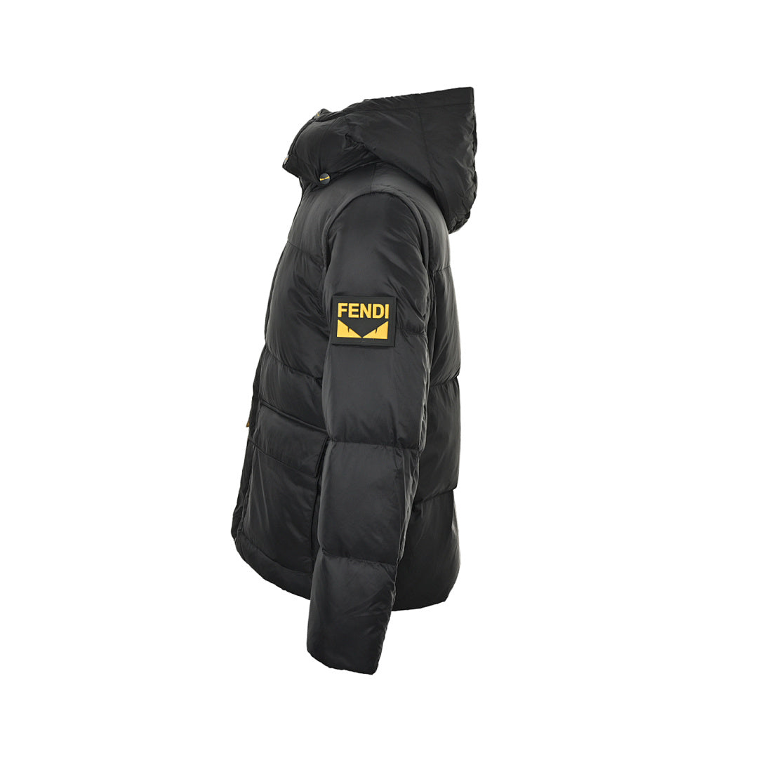 Fendi Hooded Down Jacket — Black, Yellow Logo Badge