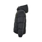 Moncler Matte Hooded Down Jacket — Oversized Logo Badge Snap Front
