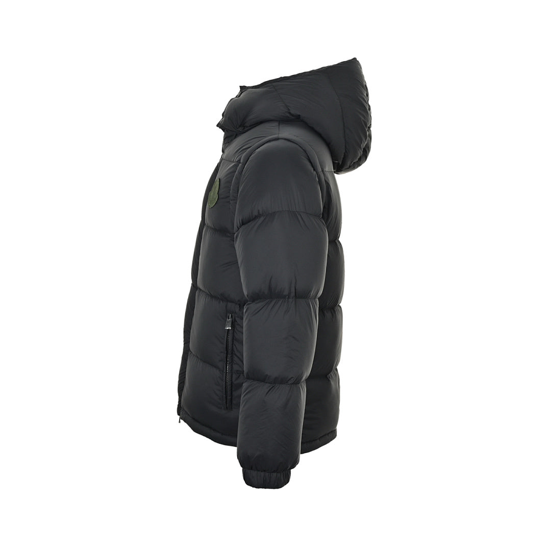 Moncler Matte Hooded Down Jacket — Oversized Logo Badge Snap Front