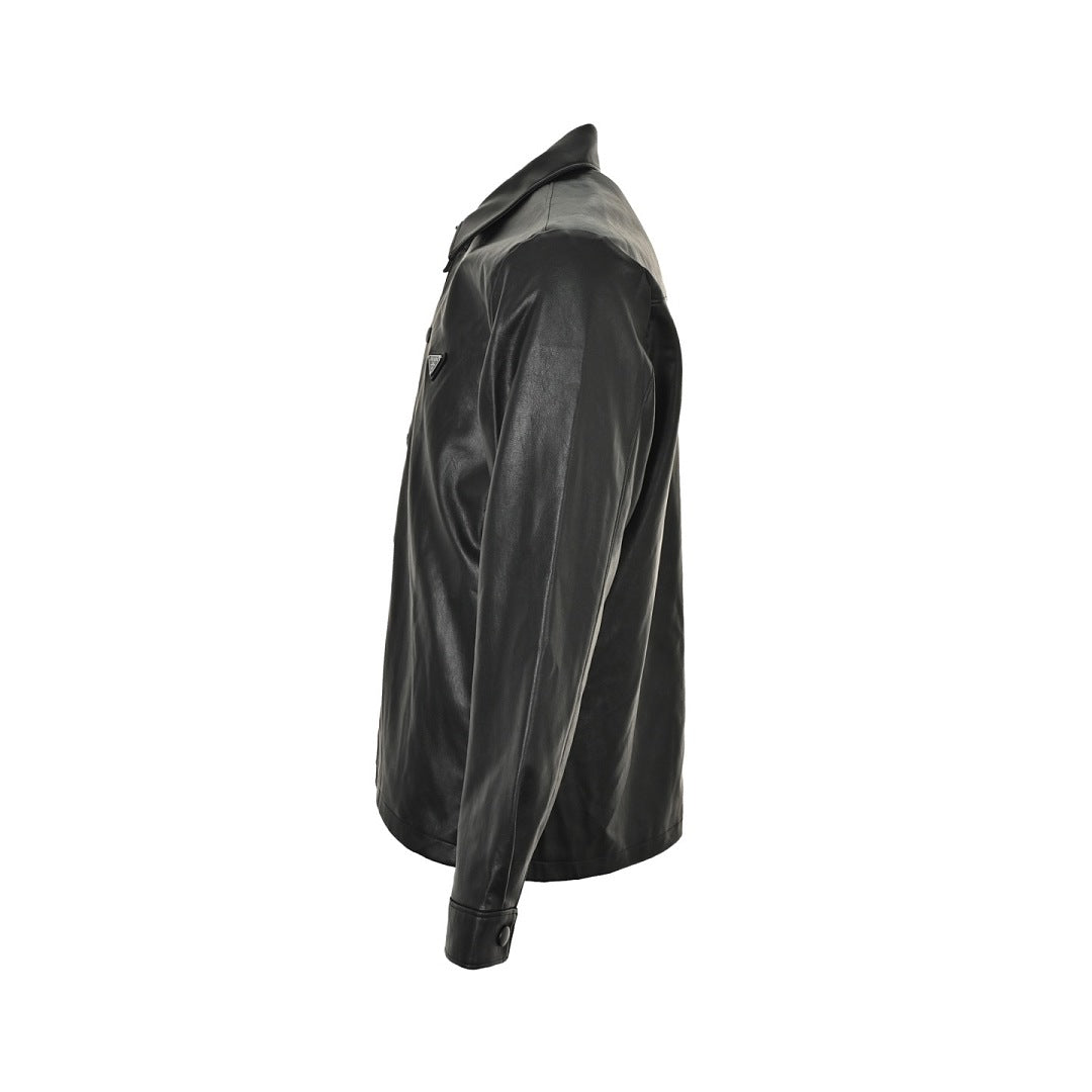 Prada Glossy Snap-Front Shirt Jacket — Black