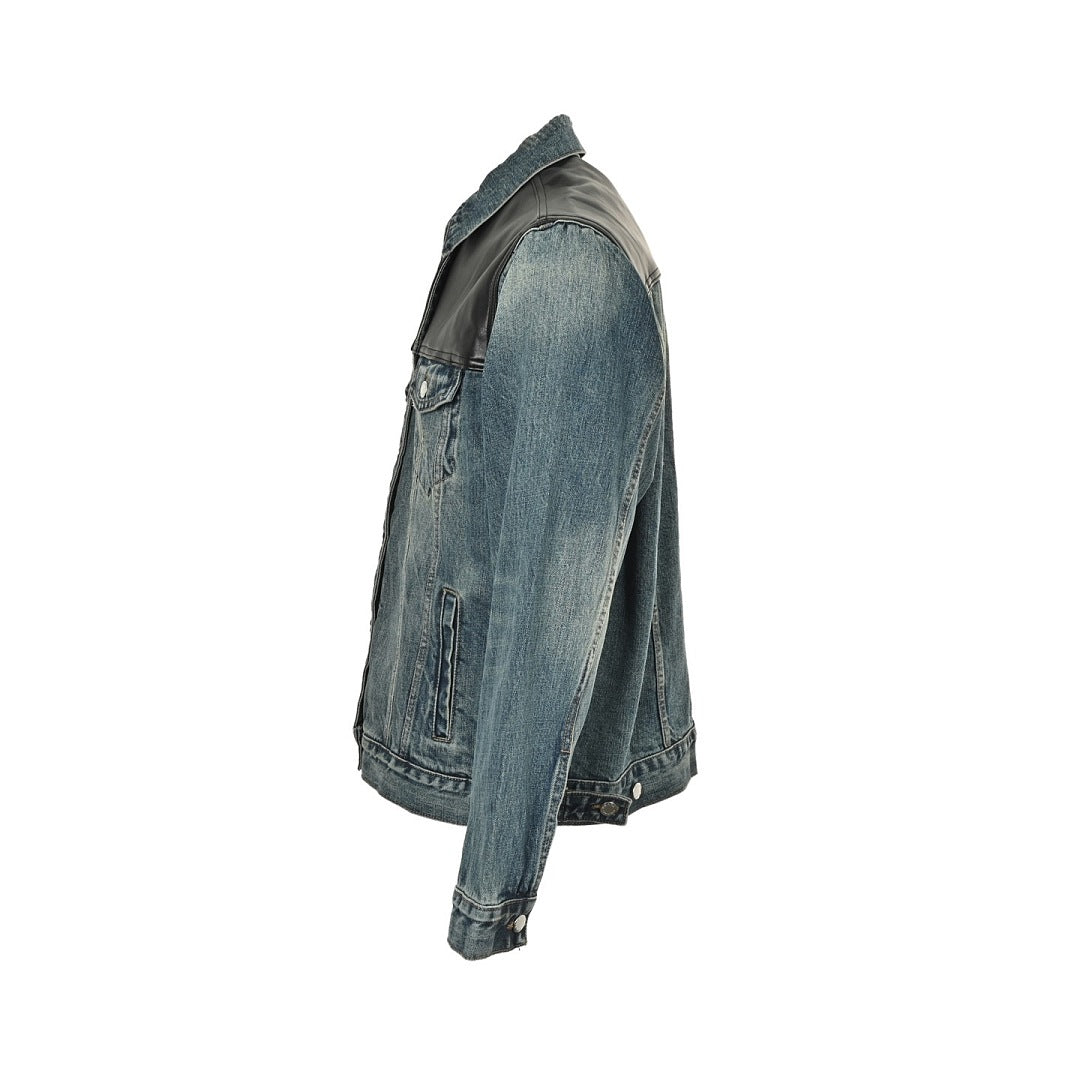 Prada Leather-Yoke Denim Trucker Jacket — Vintage Blue