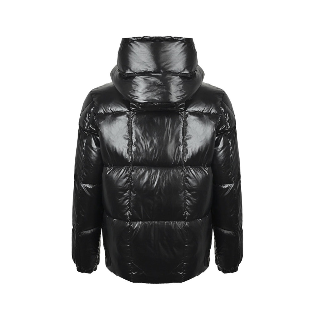 Moncler Glossy Oversized Hooded Down Jacket — Snap Front, Contrast Hood Lining