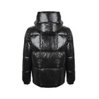 Moncler Glossy Oversized Hooded Down Jacket — Snap Front, Contrast Hood Lining