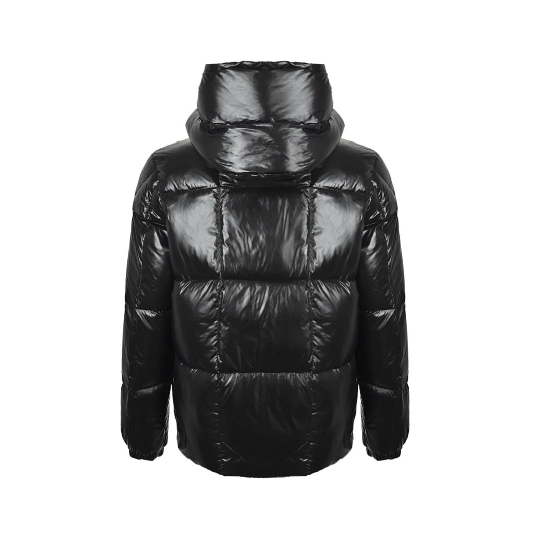 Moncler Glossy Oversized Hooded Down Jacket — Snap Front, Contrast Hood Lining