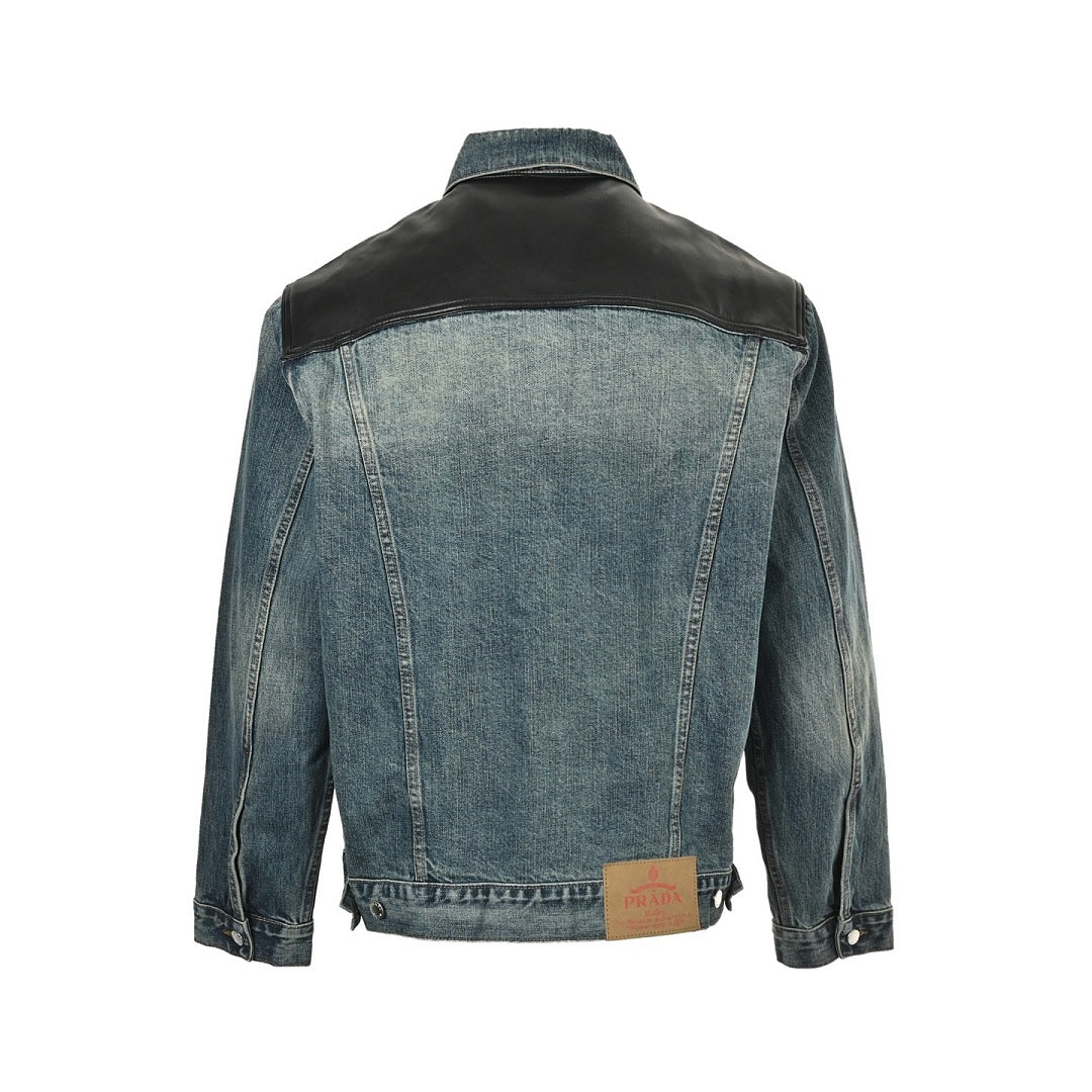 Prada Leather-Yoke Denim Trucker Jacket — Vintage Blue
