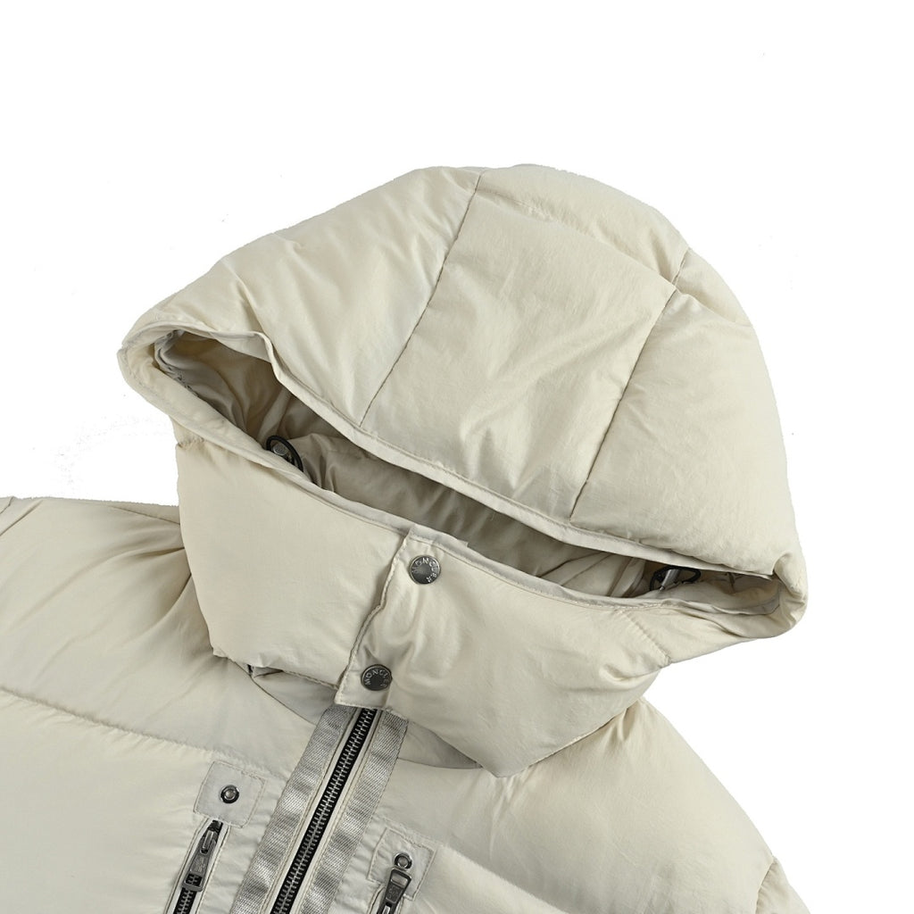 Moncler Hooded Down Jacket — Matte Cream, Zip Chest Pockets