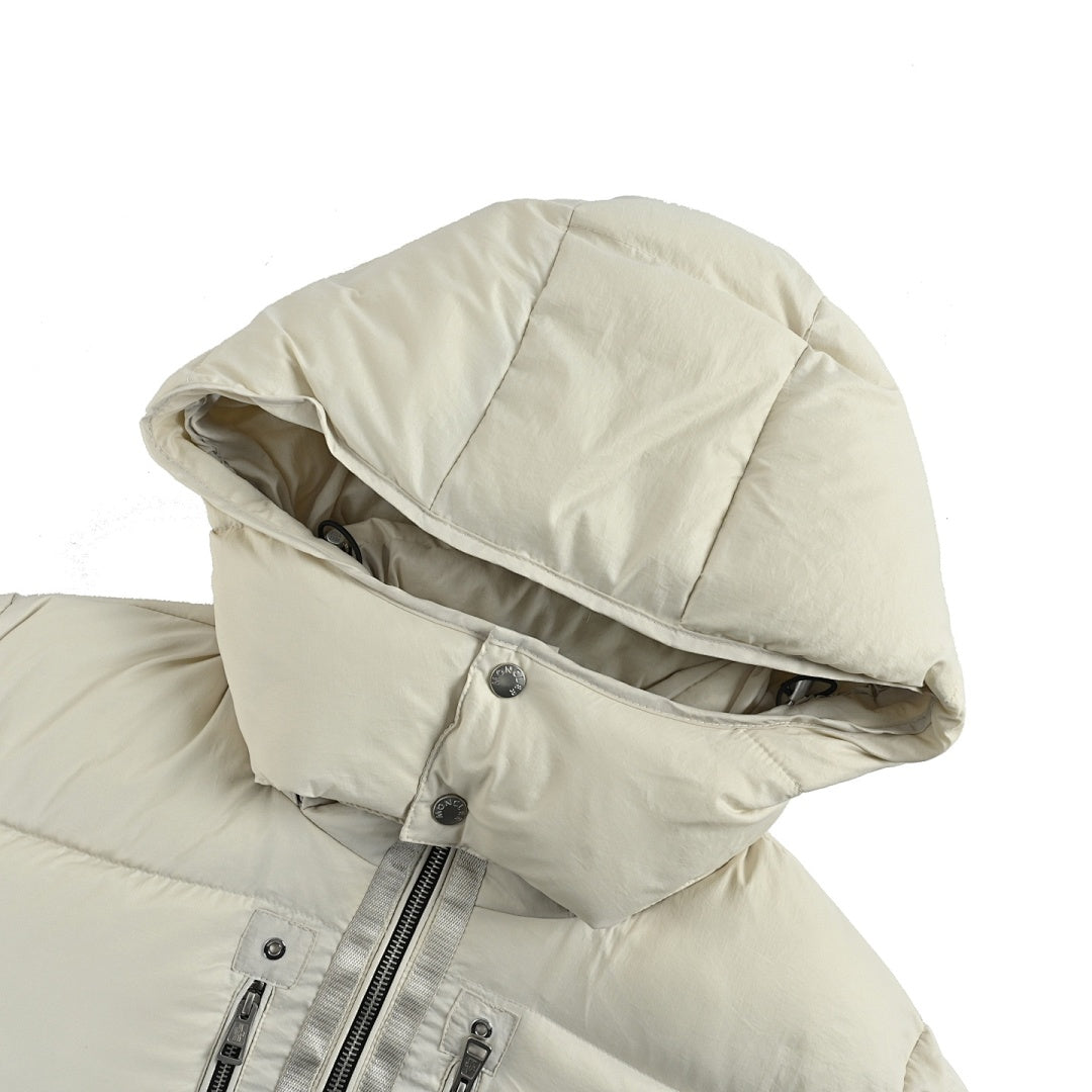Moncler Hooded Down Jacket — Matte Cream, Zip Chest Pockets