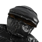 Moncler Glossy Oversized Hooded Down Jacket — Snap Front, Contrast Hood Lining