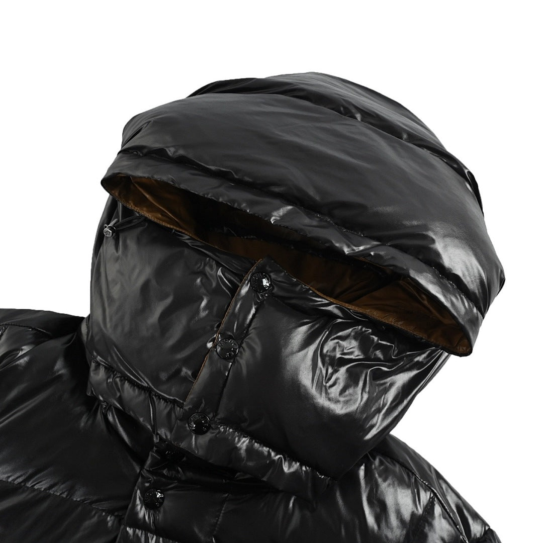 Moncler Glossy Oversized Hooded Down Jacket — Snap Front, Contrast Hood Lining