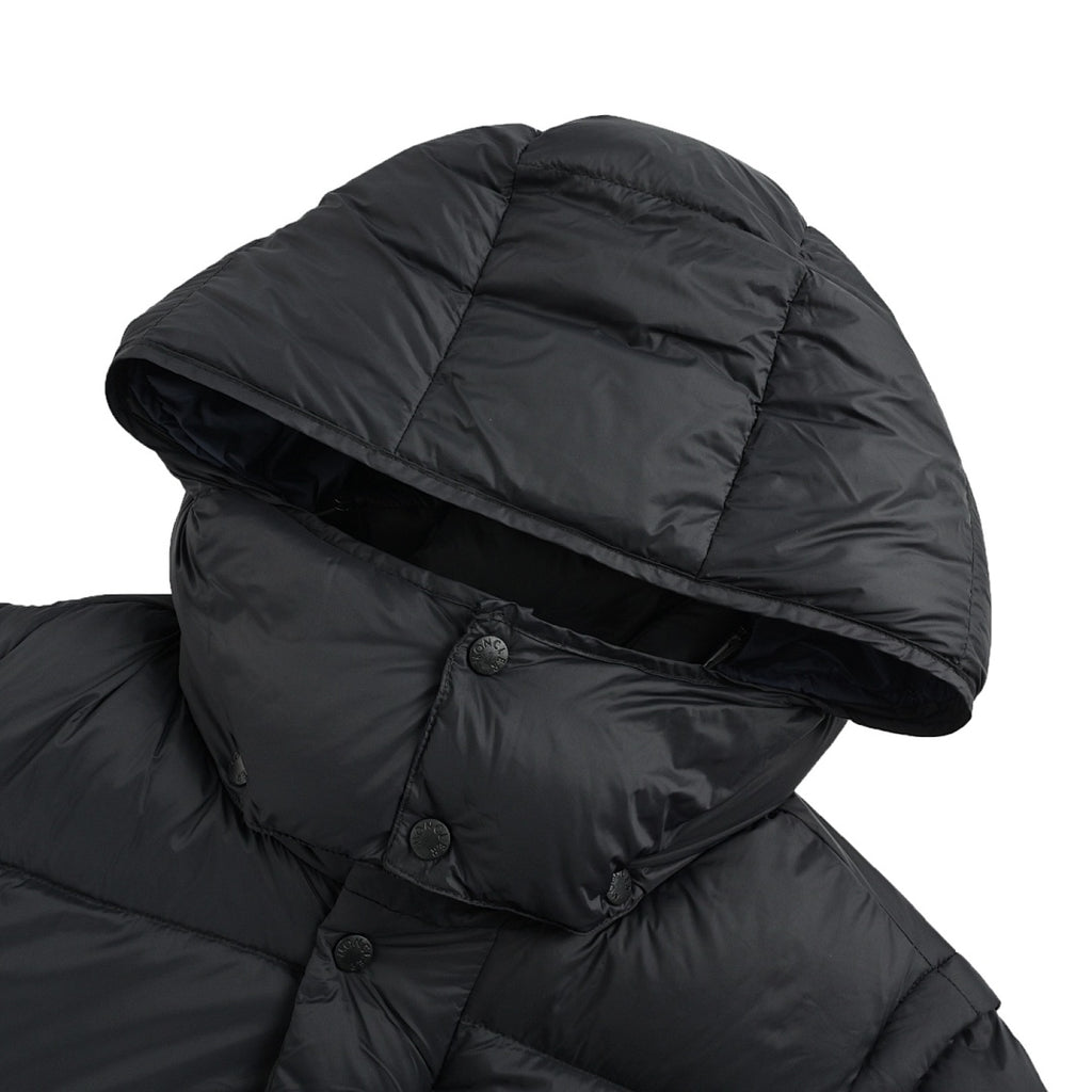 Moncler Matte Hooded Down Jacket — Oversized Logo Badge Snap Front