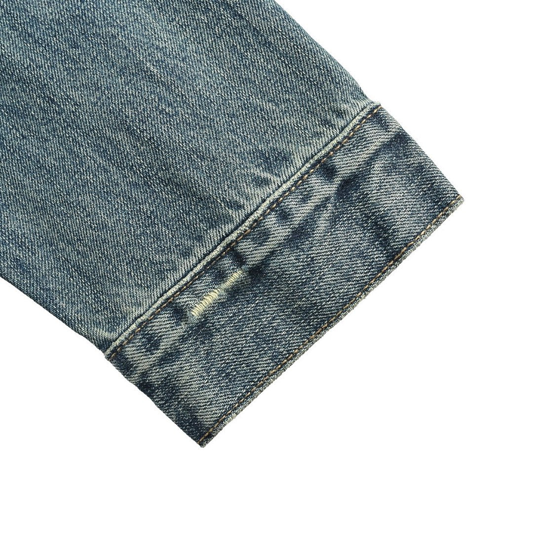 Prada Leather-Yoke Denim Trucker Jacket — Vintage Blue