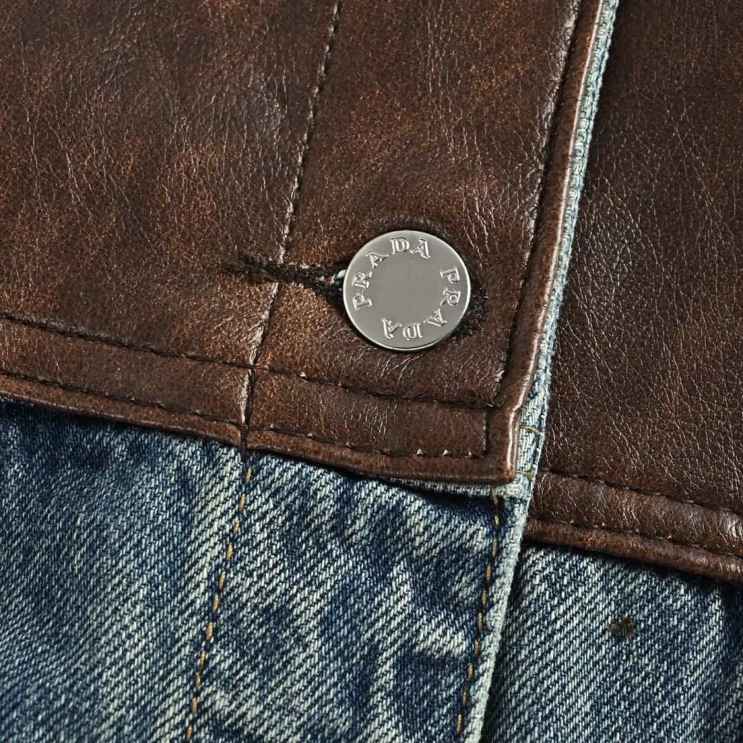 Prada Distressed Denim Trucker Jacket with Leather Yoke — Vintage Wash