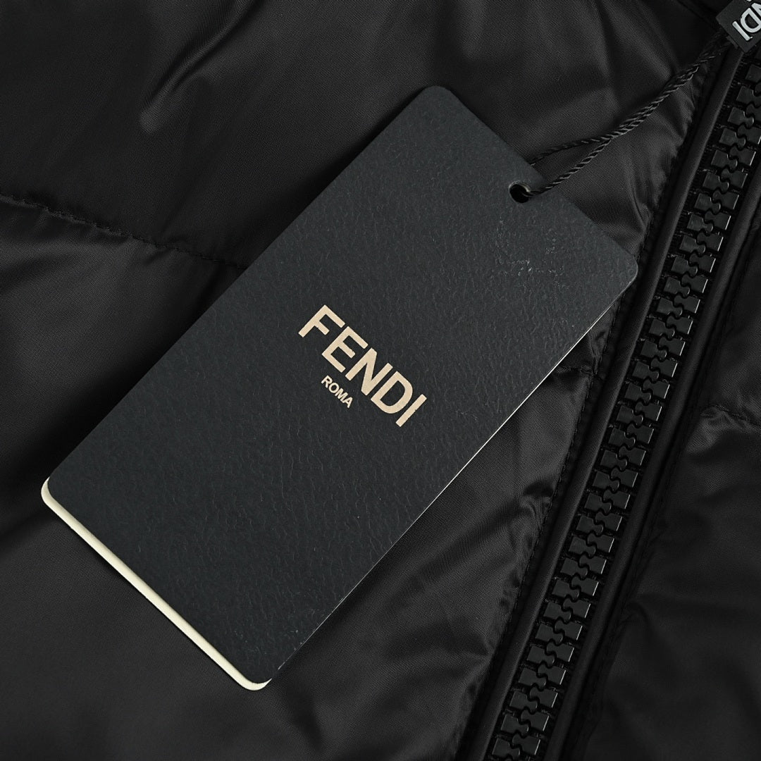 Fendi Hooded Down Jacket — Black, Yellow Logo Badge