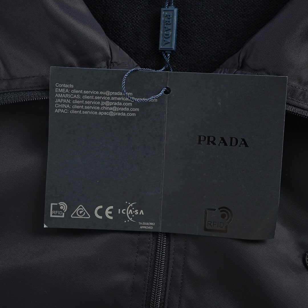 Prada Mixed-Material Triangle Logo Zip Jacket — Black