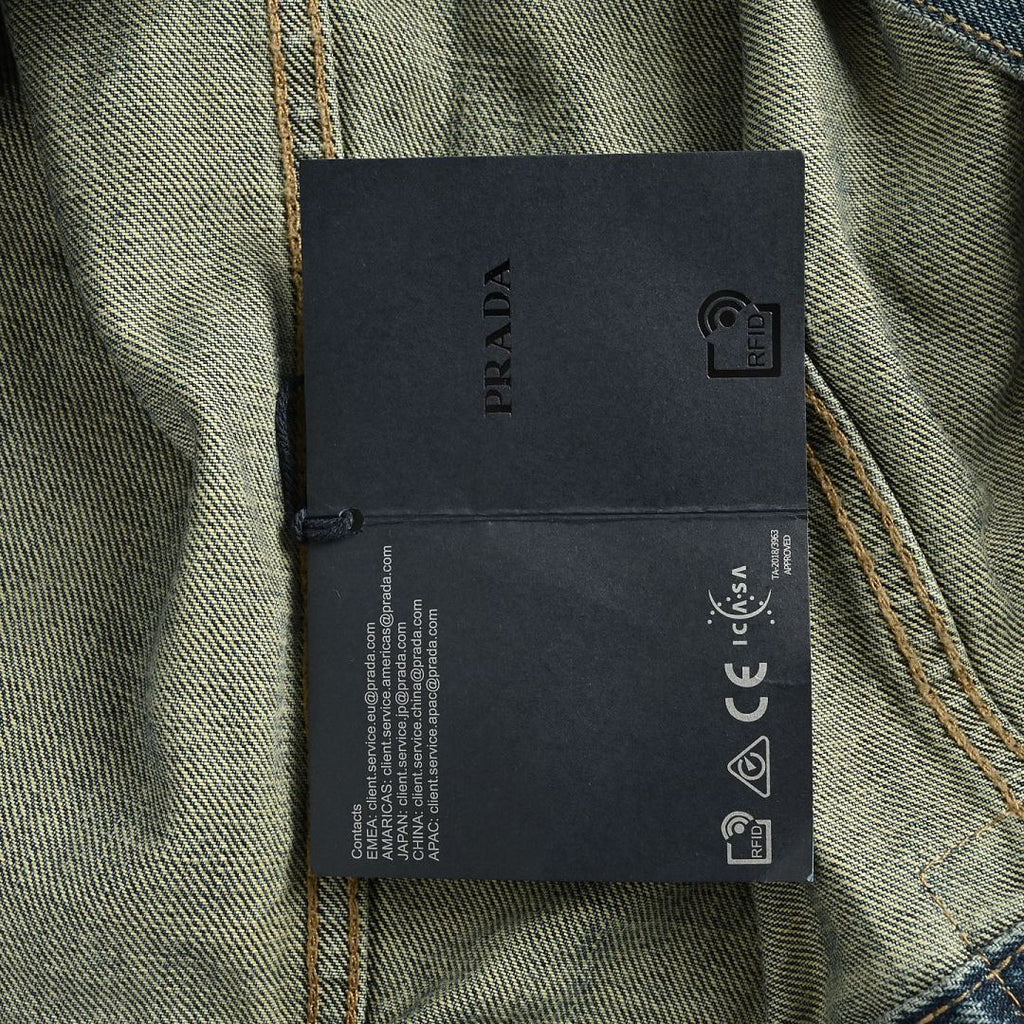 Prada Leather-Yoke Denim Trucker Jacket — Vintage Blue