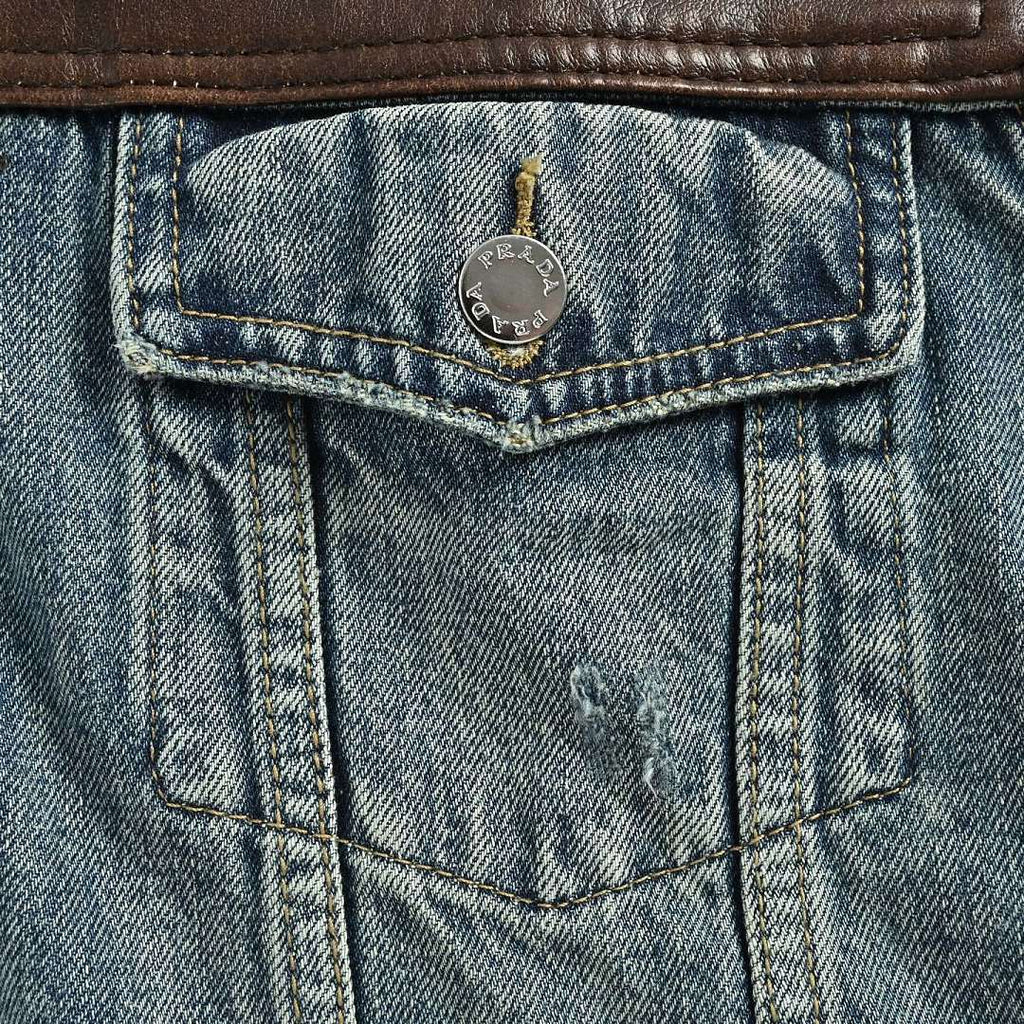 Prada Distressed Denim Trucker Jacket with Leather Yoke — Vintage Wash