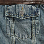 Prada Distressed Denim Trucker Jacket with Leather Yoke — Vintage Wash