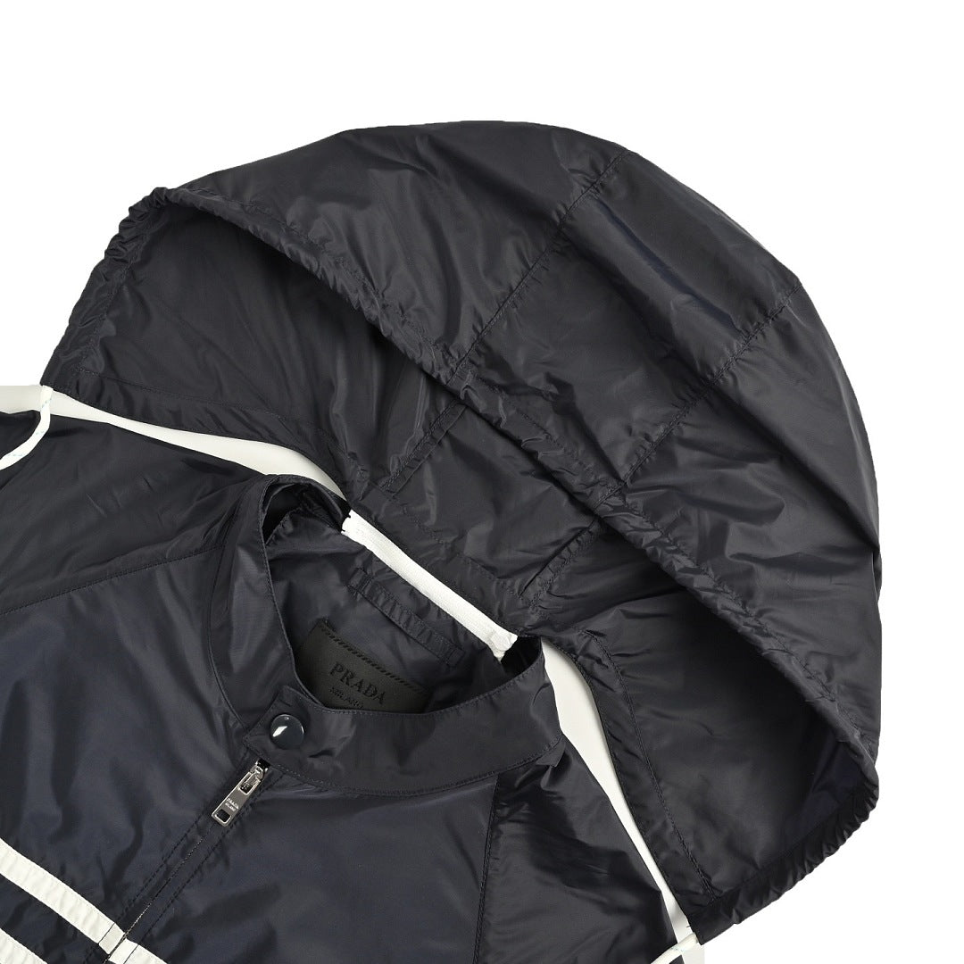 Prada Double-Stripe Hooded Zip Jacket — Black