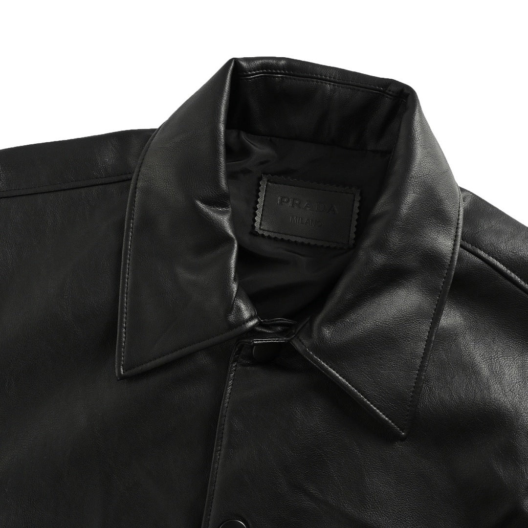 Prada Glossy Snap-Front Shirt Jacket — Black