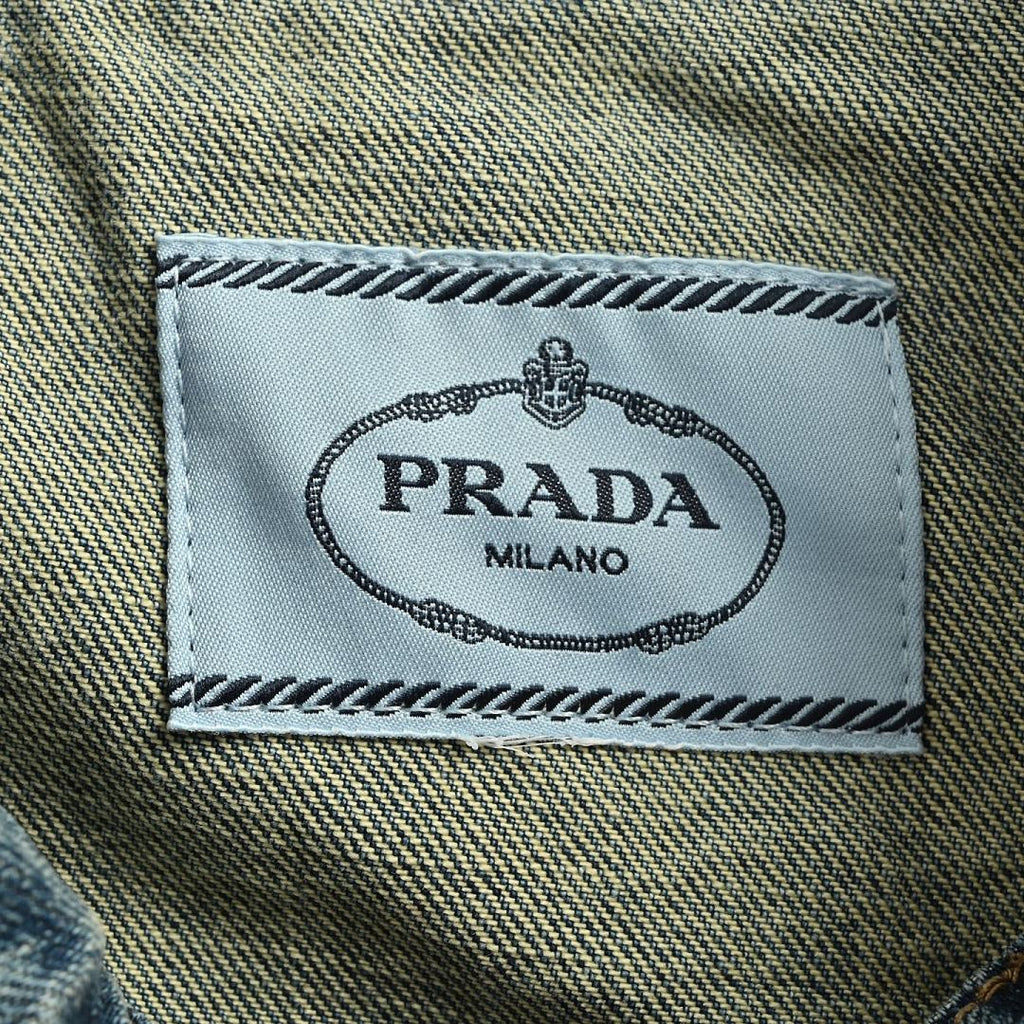 Prada Leather-Yoke Denim Trucker Jacket — Vintage Blue