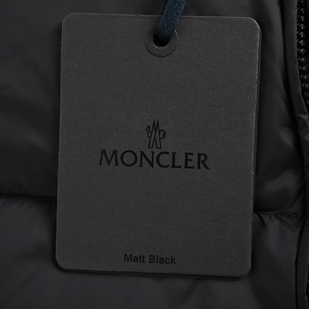 Moncler Matte Hooded Down Jacket — Oversized Logo Badge Snap Front