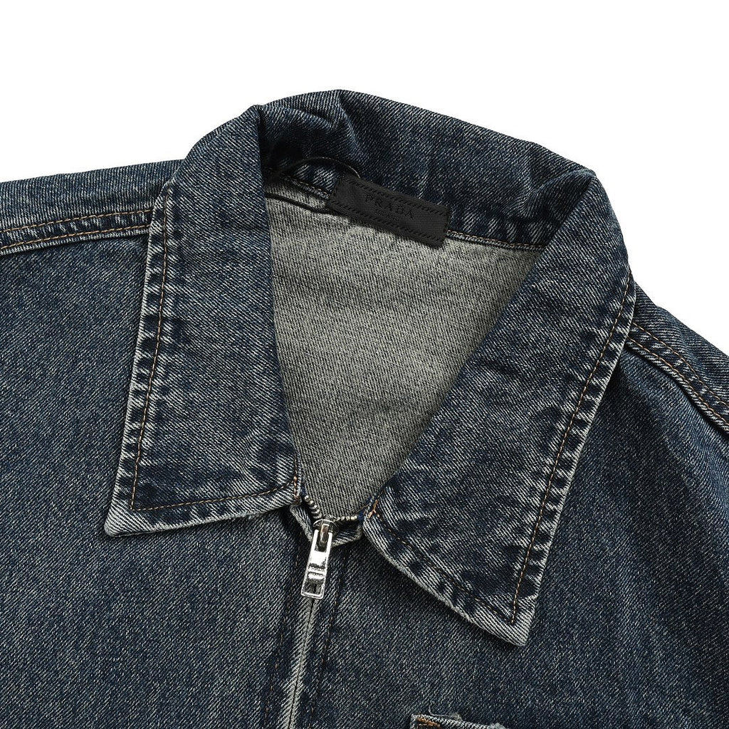 Prada Vintage-Wash Denim Zip Jacket — Charcoal Black