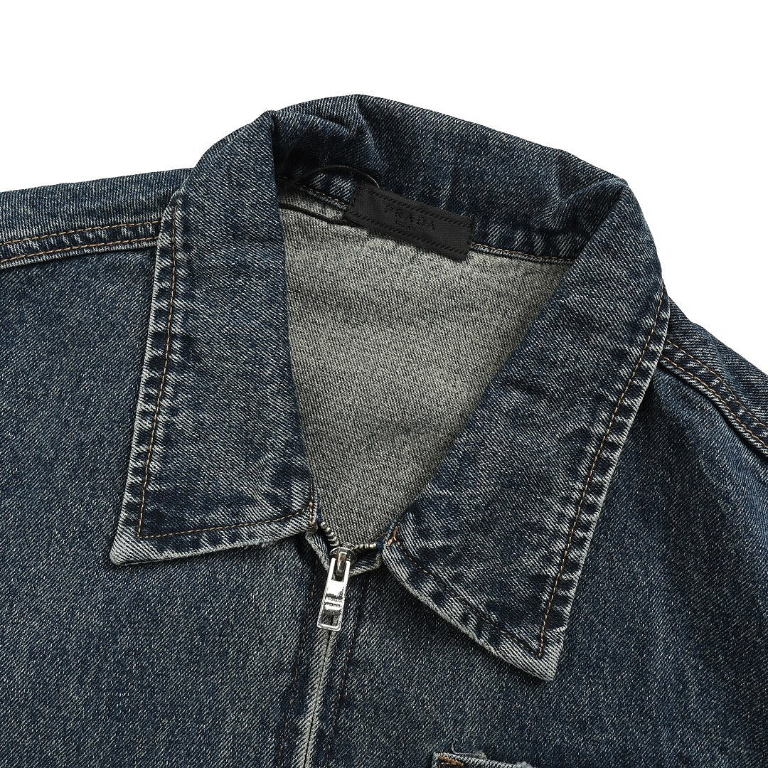 Prada Vintage-Wash Denim Zip Jacket — Charcoal Black