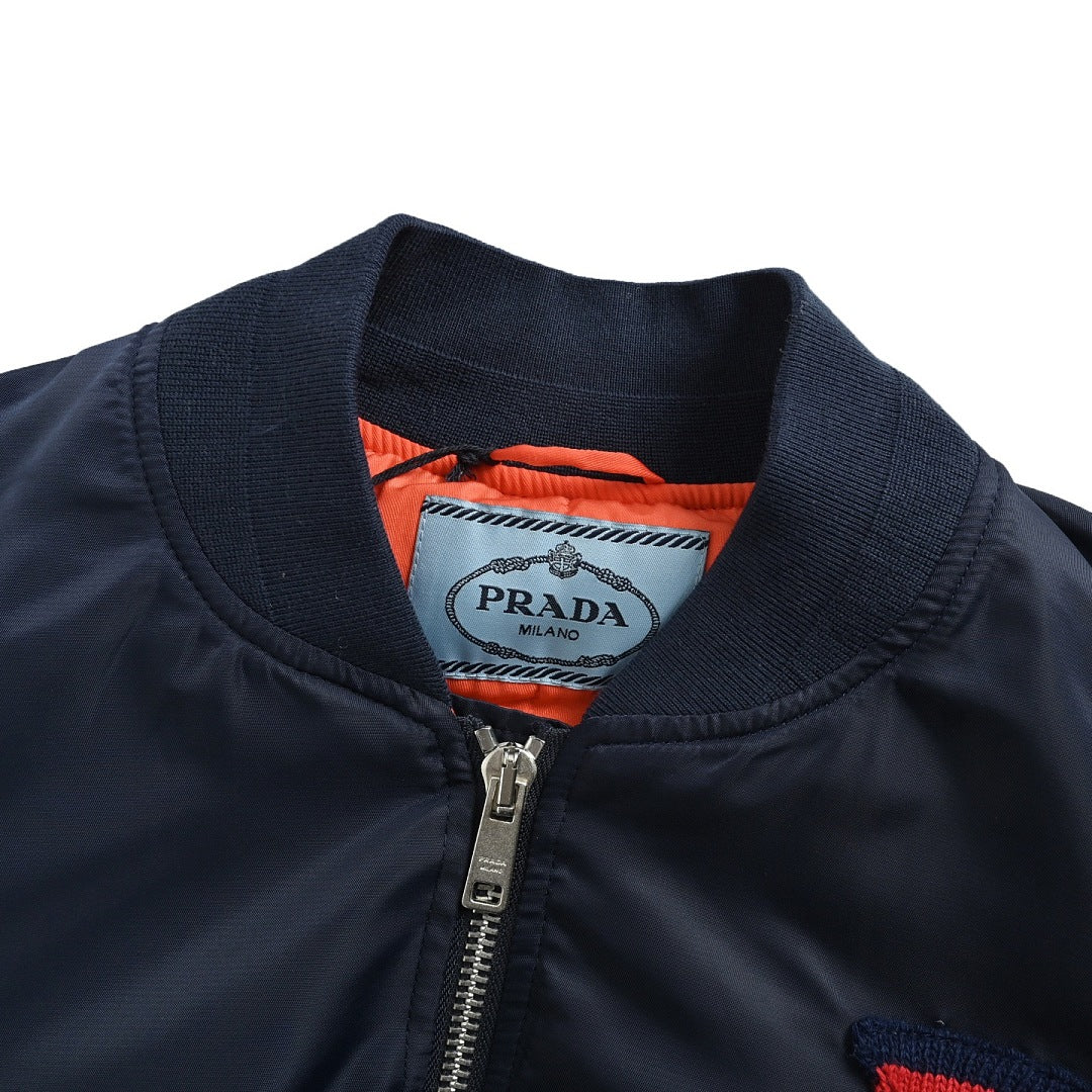 Prada Logo Bomber Jacket with Contrast Lining — Navy