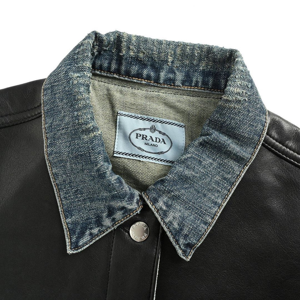 Prada Leather-Yoke Denim Trucker Jacket — Vintage Blue