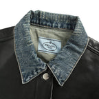 Prada Leather-Yoke Denim Trucker Jacket — Vintage Blue