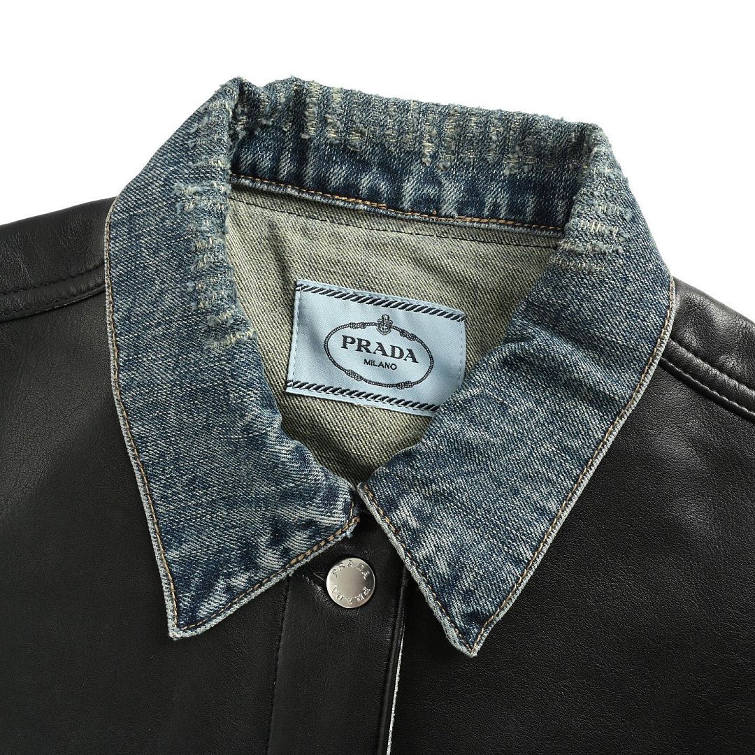 Prada Leather-Yoke Denim Trucker Jacket — Vintage Blue