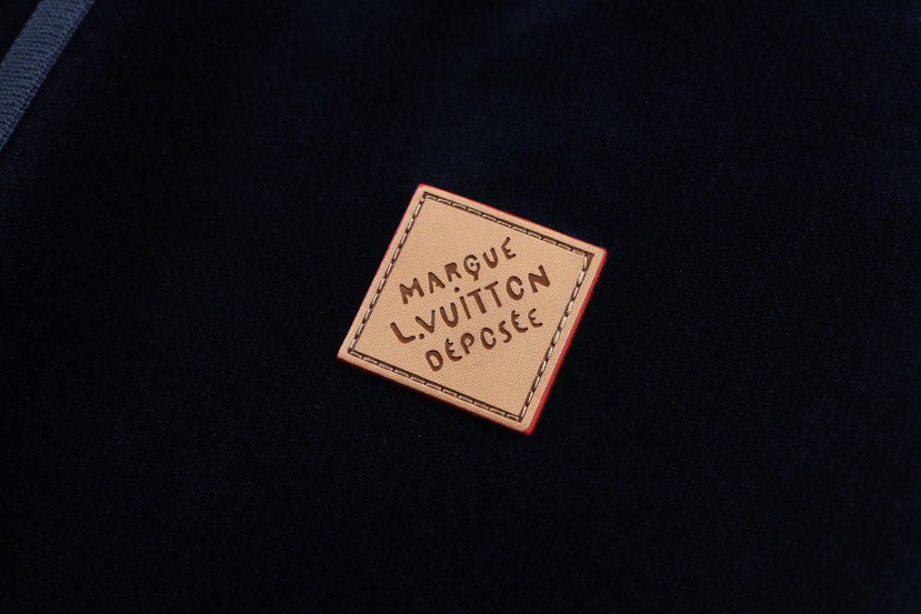 LOUIS VUITTON Navy Velour Tracksuit Set — Bomber Jacket & Jogger Pants with Leather Patch