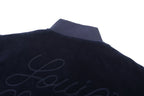 LOUIS VUITTON Navy Velour Tracksuit Set — Bomber Jacket & Jogger Pants with Leather Patch